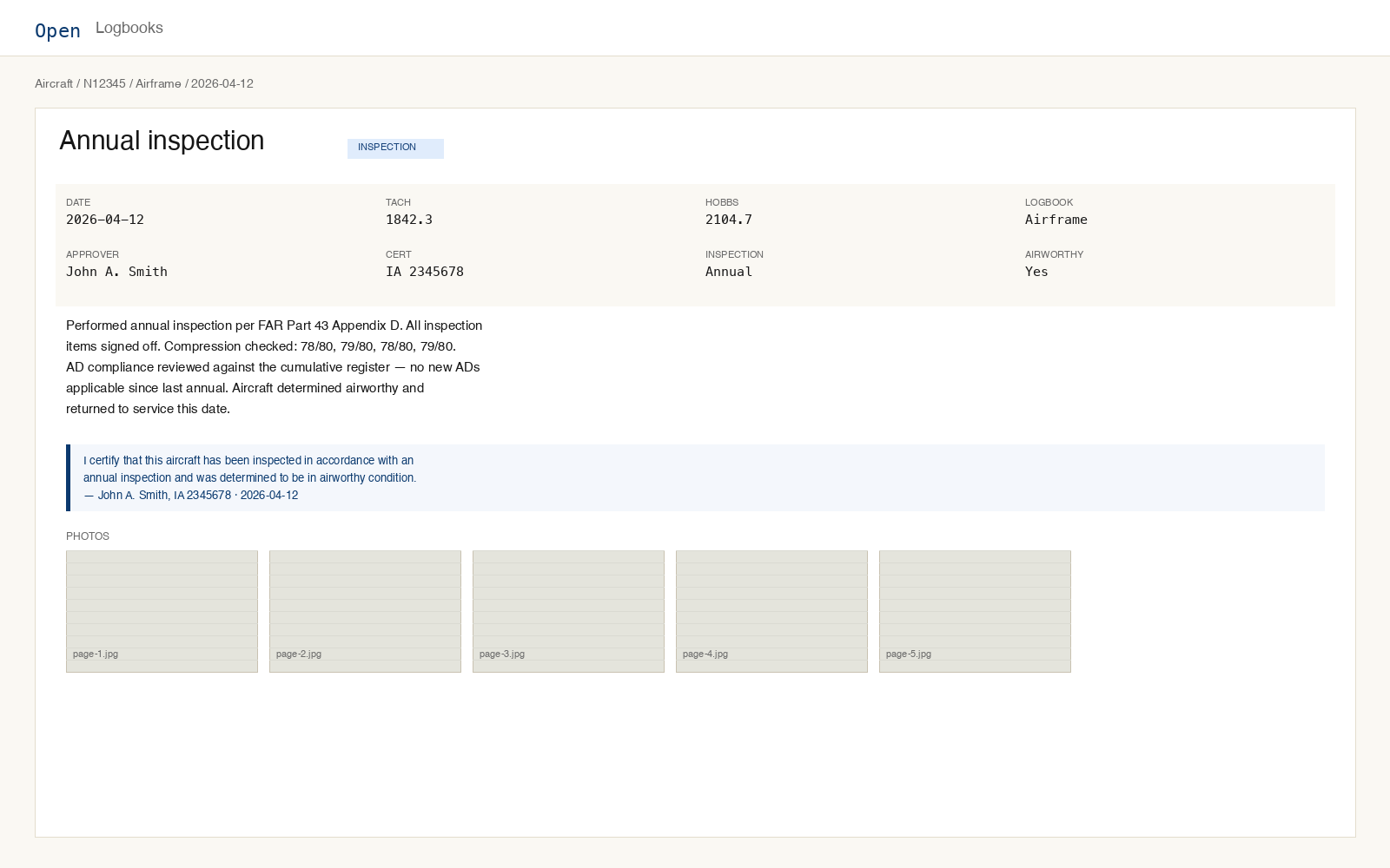 Entry detail view: an annual inspection entry with meta grid, body text, certifying statement, and photo strip.