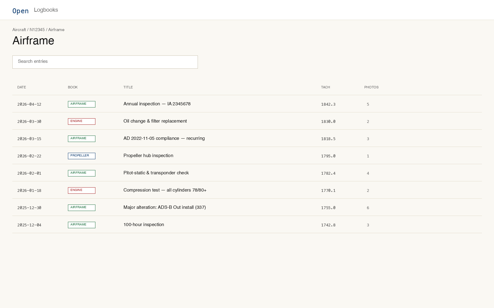 Entry list view: dated rows of maintenance entries with logbook pills, tach time, and photo counts.